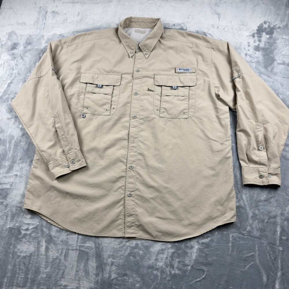 Columbia PFG Bahama II Fishing Shirt Mens XL Tan Long Sleeve Omni-Shade UPF 30